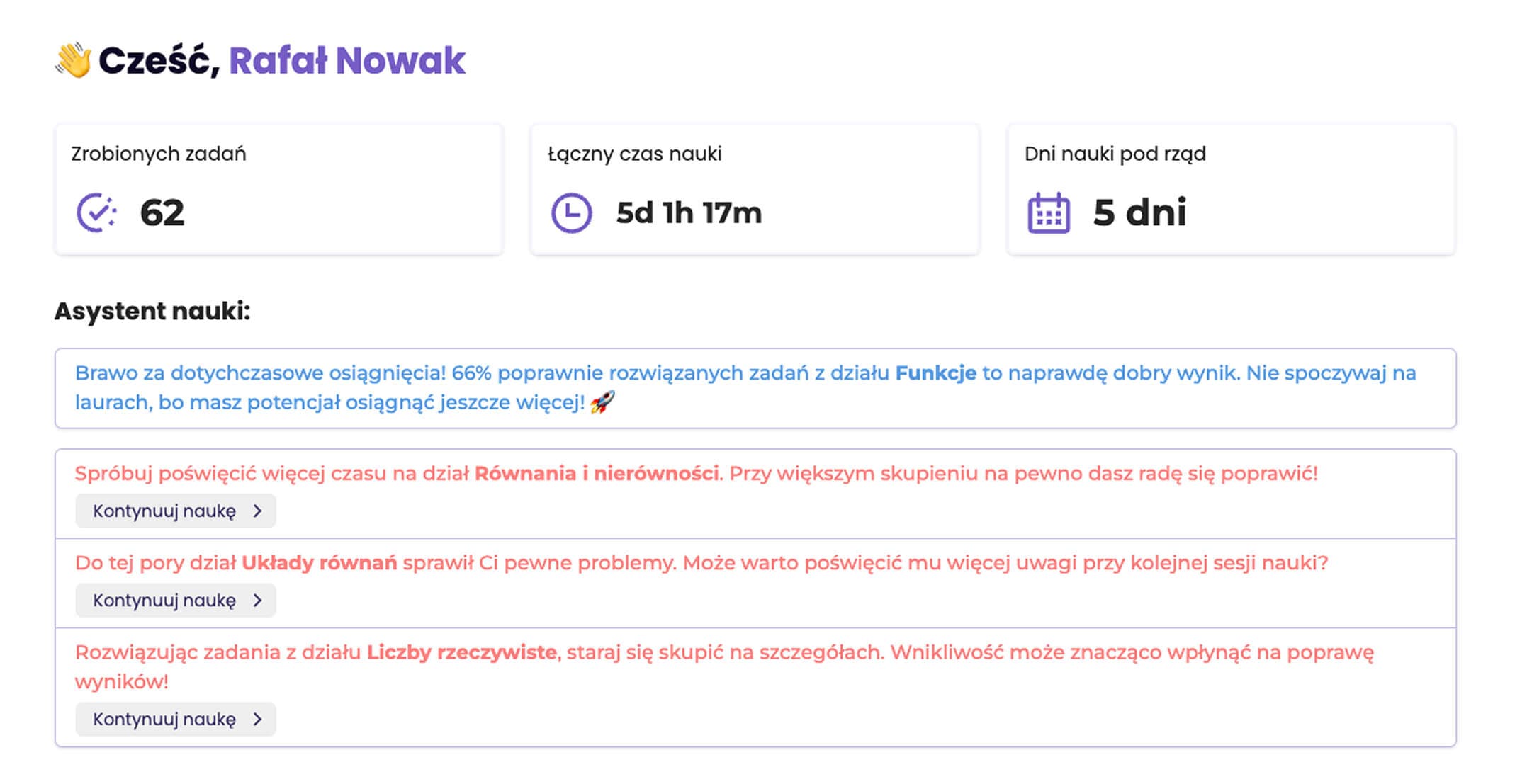 Panel statystyk postępów w nauce matematyki w Egzamido