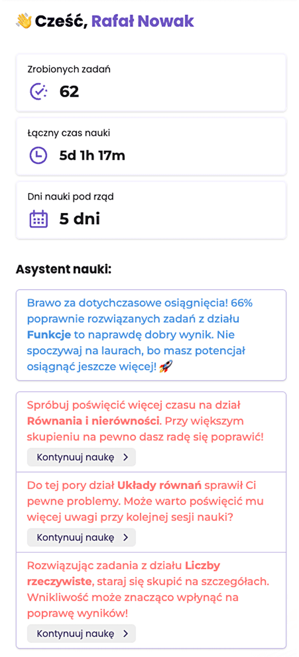 Widok mobilny statystyk nauki w Egzamido
